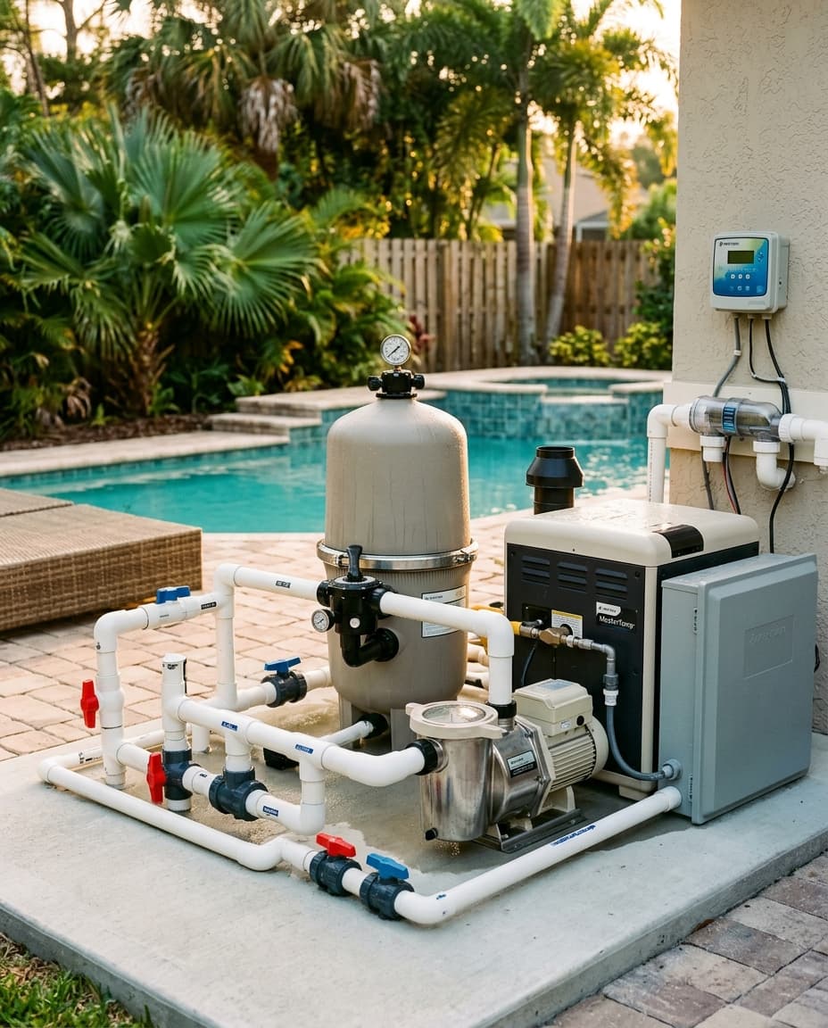 Residential pool equipment pad: variable-speed pump, sand filter with pressure gauge, salt cell controller, gas heater, and automation panel