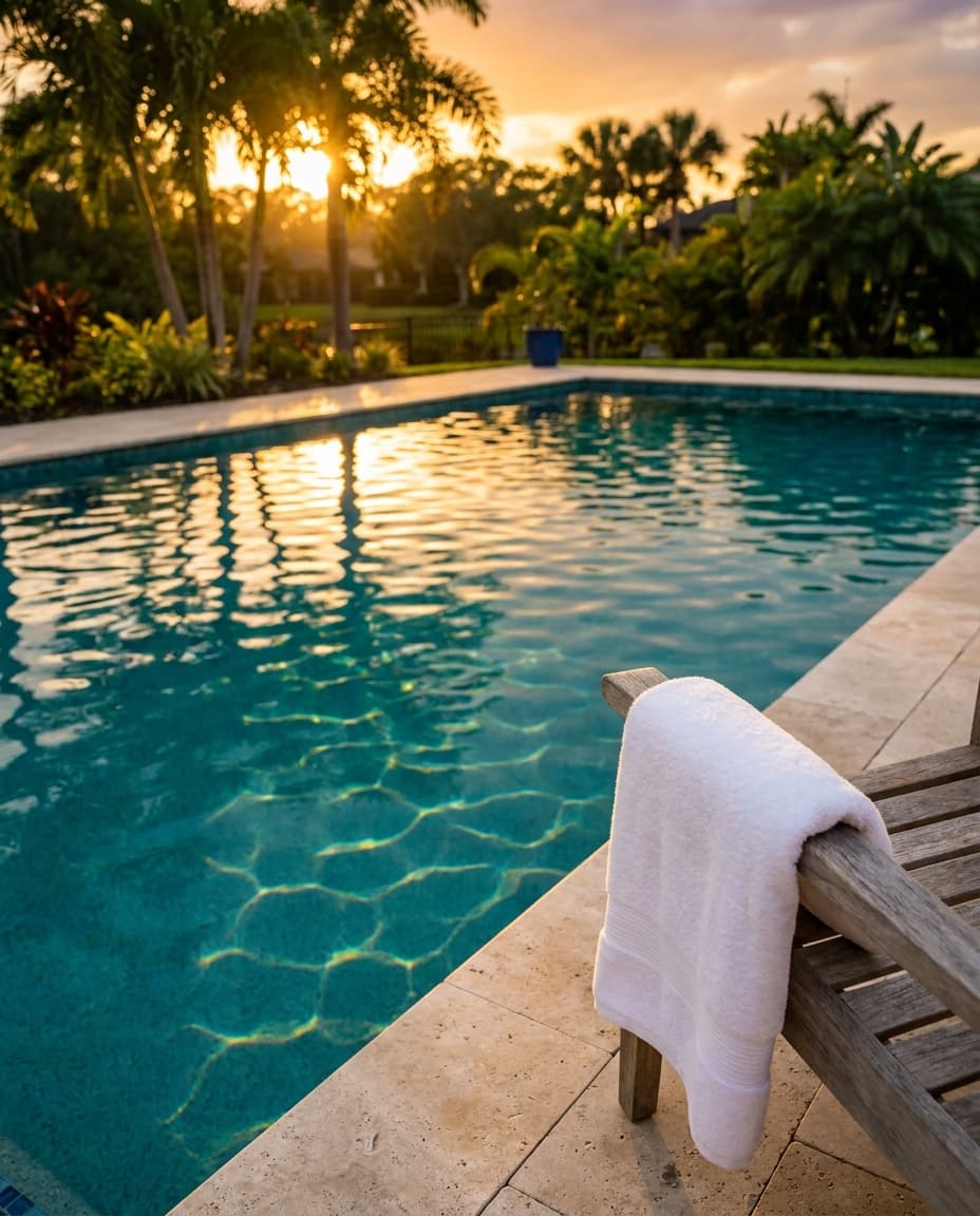 Crystal-clear Central Florida backyard pool at golden hour, ready to swim