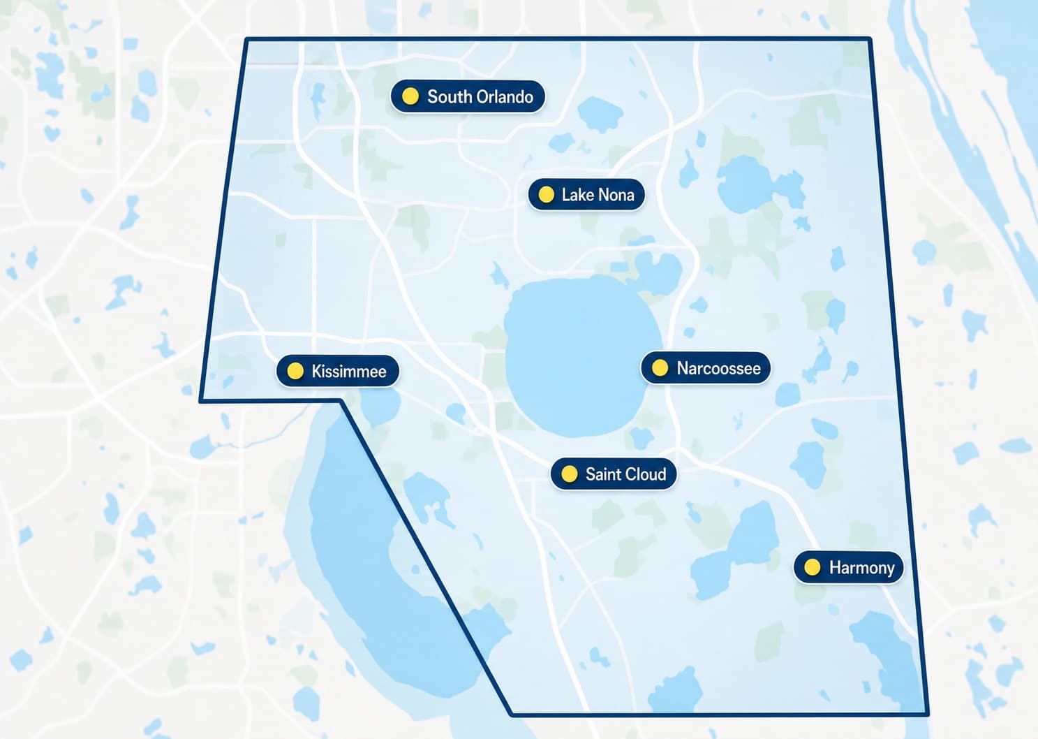Ducky's Pool Care service area map covering South Orlando, Lake Nona, Kissimmee, Narcoossee, Saint Cloud, and Harmony